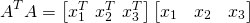 \[A^TA = \begin{bmatrix} x_1^T\ x_2^T\ x_3^T \end{bmatrix} \begin{bmatrix} x_1 & x_2 & x_3 \end{bmatrix}\]